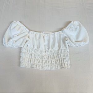 Elodie White Smocked Puff Sleeve Crop‎ Top Size Medium Cottagecore Boho